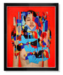 A bold Erik Jones painting of a person features geometric, colorful patterns obscuring parts of their face and upper body against a vivid red background. This fine art giclée print is framed in black and crafted with UV resistant ink on acid-free paper for lasting vibrancy.