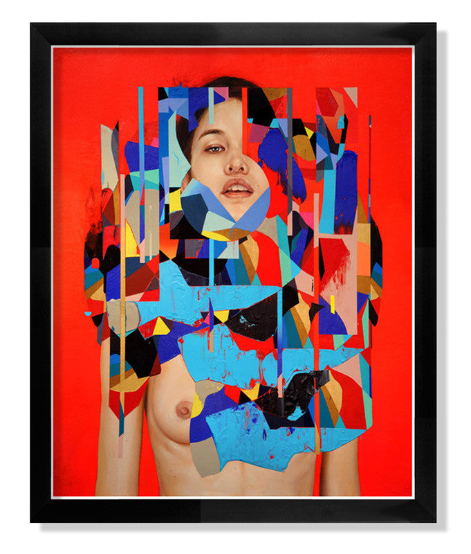 A bold Erik Jones painting of a person features geometric, colorful patterns obscuring parts of their face and upper body against a vivid red background. This fine art giclée print is framed in black and crafted with UV resistant ink on acid-free paper for lasting vibrancy.