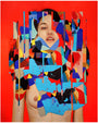 Erik Jones offers a surreal portrait featuring a person against a vivid red background in a fine art giclée print. Fragmented geometric patterns blend realism and abstract art on the face and upper body, printed with UV-resistant ink on acid-free paper.