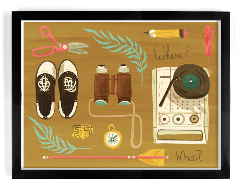 Lauren Greggs artwork features an illustration of scissors, black-and-white shoes, binoculars, a compass, a record player, a pencil, a feather, leaves, and an arrow on a brown background. Handwritten Where? and When? appear on the sides. The art is framed in black and echoes the adventurous spirit of Moonrise Kingdom.