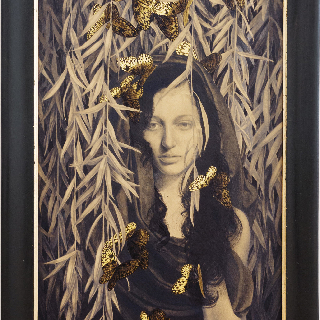 The sepia portrait of a woman with dark hair, adorned with cascading leaves and golden butterflies, embodies an Alessandra Maria masterpiece. Gold leaf details add charm and color as she gazes softly—a striking piece echoing the Beyond Eden Art Fairs ethereal allure.