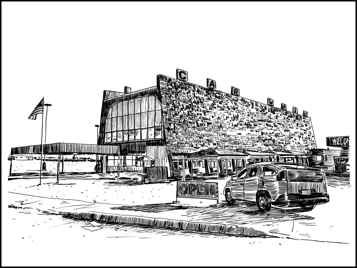 A black and white illustration in Tim Doyles style presents an original pen and ink scene of a vintage car dealership. The prominent CAR MART building is flanked by an American flag and a WELCOME sign, with a car parked near an OPEN sign, creating a mid-20th-century atmosphere.