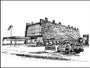 A black and white illustration in Tim Doyles style presents an original pen and ink scene of a vintage car dealership. The prominent CAR MART building is flanked by an American flag and a WELCOME sign, with a car parked near an OPEN sign, creating a mid-20th-century atmosphere.