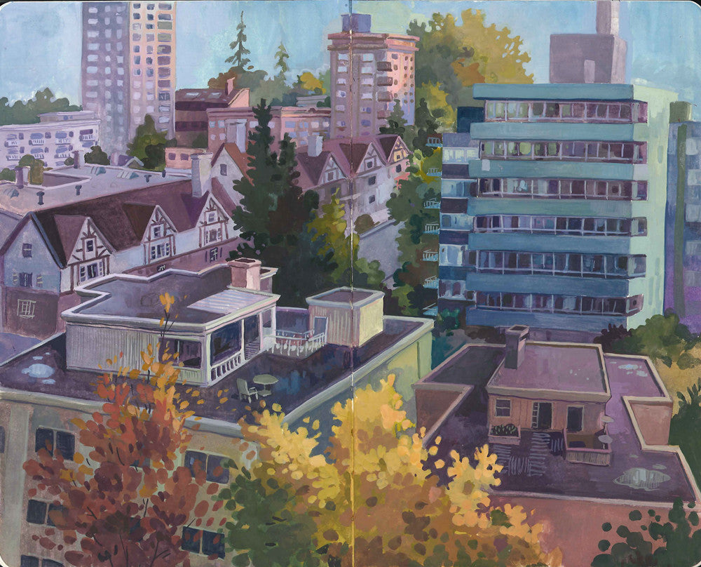 A cityscape by Laura Bifano features modern and traditional architecture amid greenery, with tall apartments contrasting older homes. Vibrant autumn trees add color, reminiscent of a live Moleskine sketch.