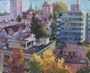 A cityscape by Laura Bifano features modern and traditional architecture amid greenery, with tall apartments contrasting older homes. Vibrant autumn trees add color, reminiscent of a live Moleskine sketch.