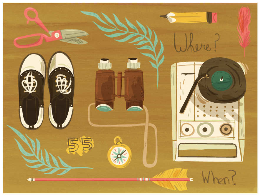 Illustration by Lauren Gregg showcases scissors, black-and-white shoes, binoculars, a retro recorder with Where? text, a pencil, leaves, a 55 badge, compass, and an arrow with When? text on wood—evoking Moonrise Kingdom in fine art giclee print style.