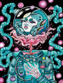 This illustration, inspired by Lauren YSs style, features an astronaut with a transparent helmet. Cosmic elements flow from their neck, forming vibrant patterns. Their suit is detailed with badges and wires, surrounded by floating orbs against a dark background resembling ink and acrylic on vellum.