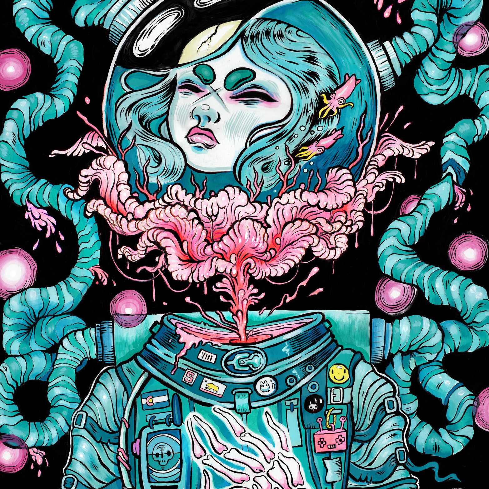 This illustration, inspired by Lauren YSs style, features an astronaut with a transparent helmet. Cosmic elements flow from their neck, forming vibrant patterns. Their suit is detailed with badges and wires, surrounded by floating orbs against a dark background resembling ink and acrylic on vellum.
