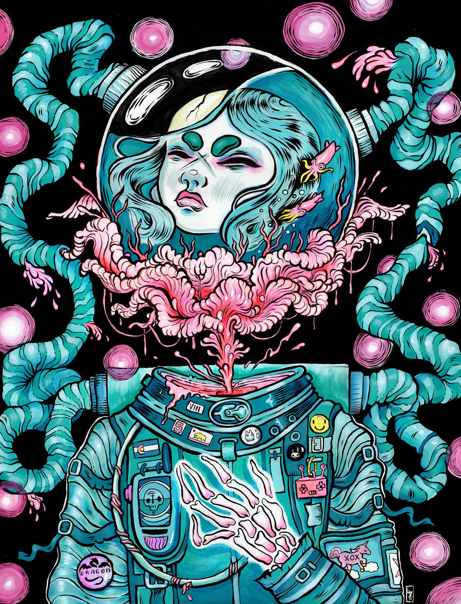 This illustration, inspired by Lauren YSs style, features an astronaut with a transparent helmet. Cosmic elements flow from their neck, forming vibrant patterns. Their suit is detailed with badges and wires, surrounded by floating orbs against a dark background resembling ink and acrylic on vellum.
