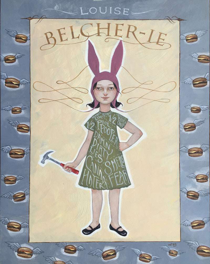 Louise Belcher from Bobs Burgers wears pink bunny ears and a green dress, holding a red-handed silver tool with winged burgers in the background. This piece, by Leilani Bustamante, nods to the Bobs Burgers art show at Spoke Art NYC.