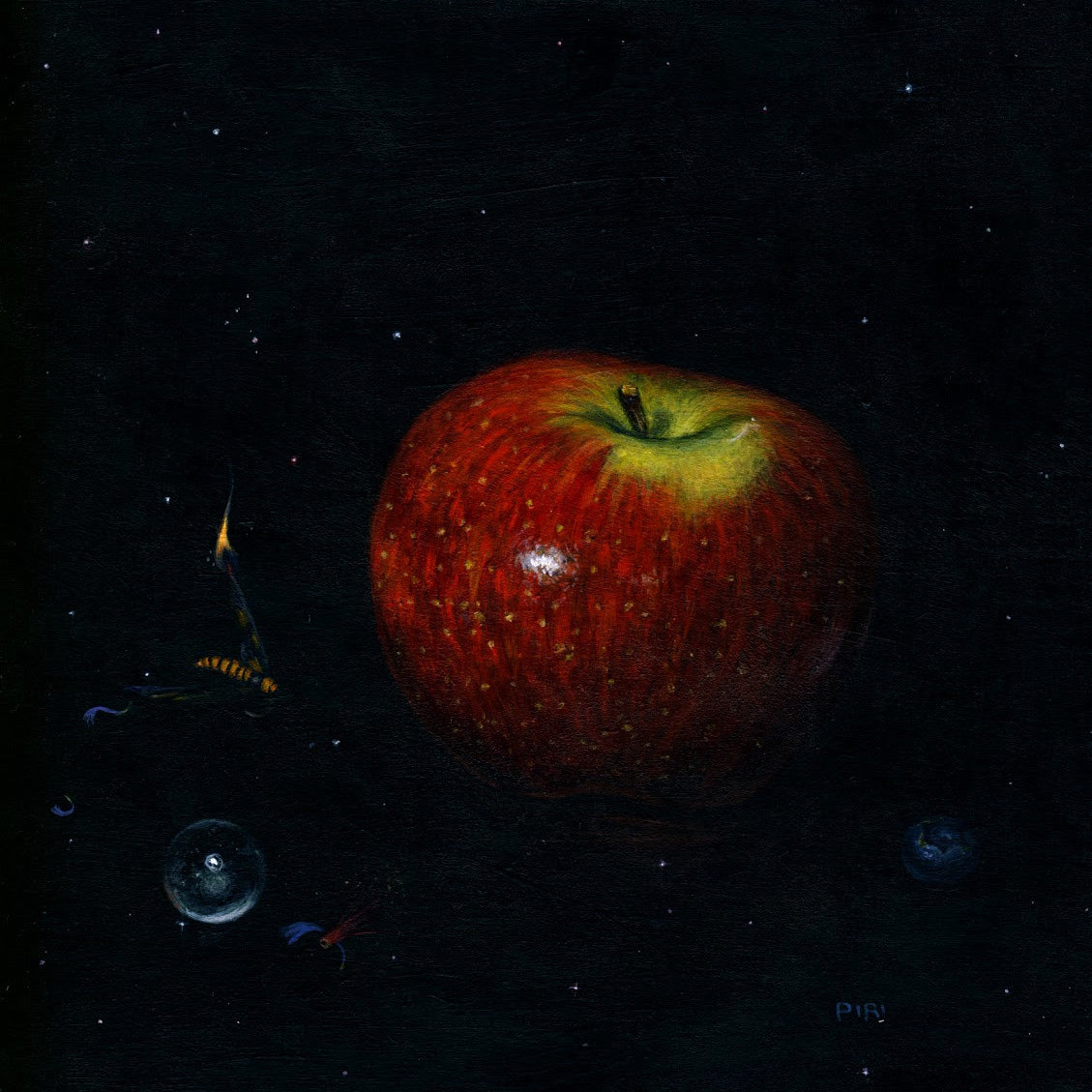 Created by Lily Piri, this acrylic on wood panel depicts a realistic red apple floating in a dark, starry space with small planets and comets, offering a celestial scene reminiscent of Tyger Tyger Burning Bright, with the apple in stunning 3D detail.