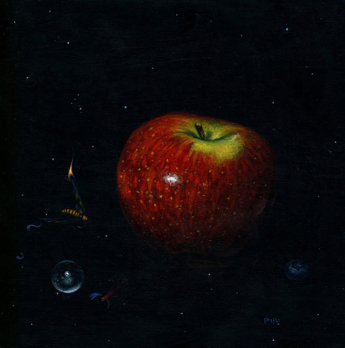 Created by Lily Piri, this acrylic on wood panel depicts a realistic red apple floating in a dark, starry space with small planets and comets, offering a celestial scene reminiscent of Tyger Tyger Burning Bright, with the apple in stunning 3D detail.
