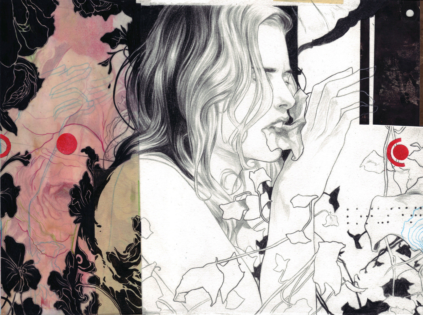 A surreal collage inspired by Nimit Malavia showcases a partly sketched woman with long hair, eyes closed. Delicate vine-like plants wrap around her amidst a backdrop of abstract floral patterns and red circles, capturing the essence of Lotus Eater I.