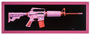 This Scott Scheidly artwork, Love Gun, showcases a bright pink rifle with LOVE and a heart on the stock, echoing The Pinks bold style. A cartoon cat face adorns the trigger area, and a red magazine stands out against the black background, all crafted within a pink frame.