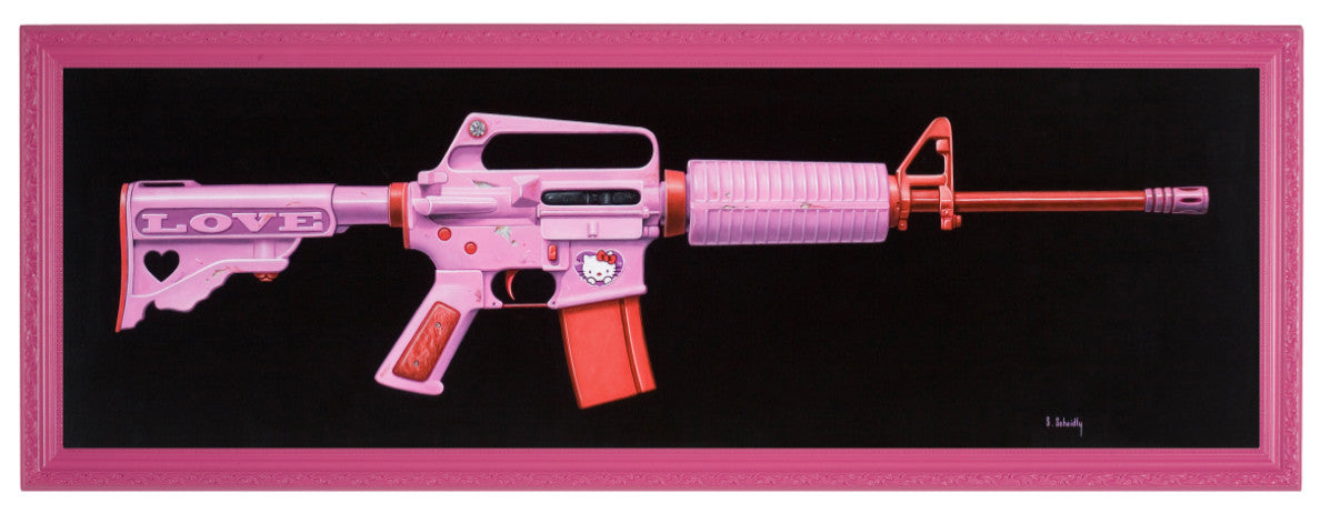 This Scott Scheidly artwork, Love Gun, showcases a bright pink rifle with LOVE and a heart on the stock, echoing The Pinks bold style. A cartoon cat face adorns the trigger area, and a red magazine stands out against the black background, all crafted within a pink frame.