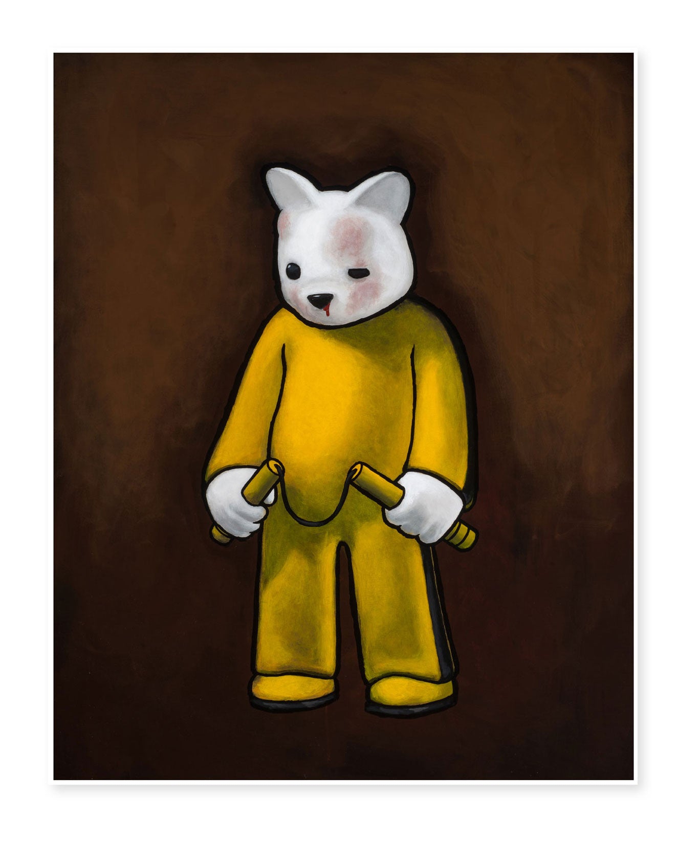 A whimsical cartoon character with a bear-like head and one closed eye, donning a yellow outfit and holding nunchucks, stands against a dark brown background. This vibrant design by Luke Chueh is ideal for giclee print under UV-resistant plexiglass.