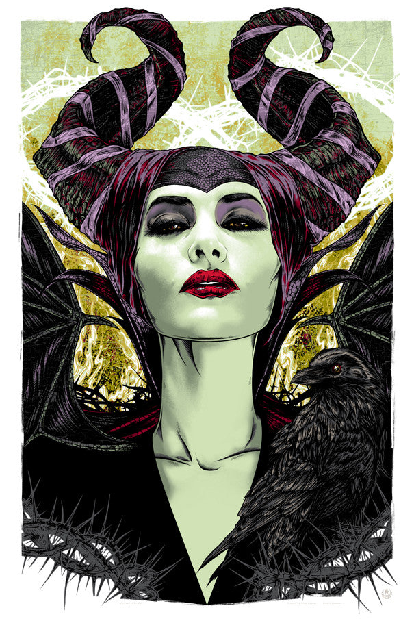 The Rhys Cooper screen print features the Mistress of All Evil, striking in green skin and a large horned headdress. Dressed in black with spiked details, she poses confidently with a black bird on her shoulder against abstract gold and white designs.