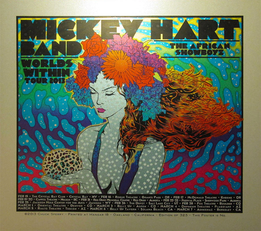 This Chuck Sperry Silver Edition psychedelic tour poster features a long-haired woman with red and orange flowers in her hair. It announces Mickey Hart Band, The African Showboyz, Worlds Within Tour 2013 against a swirling blue and green background.