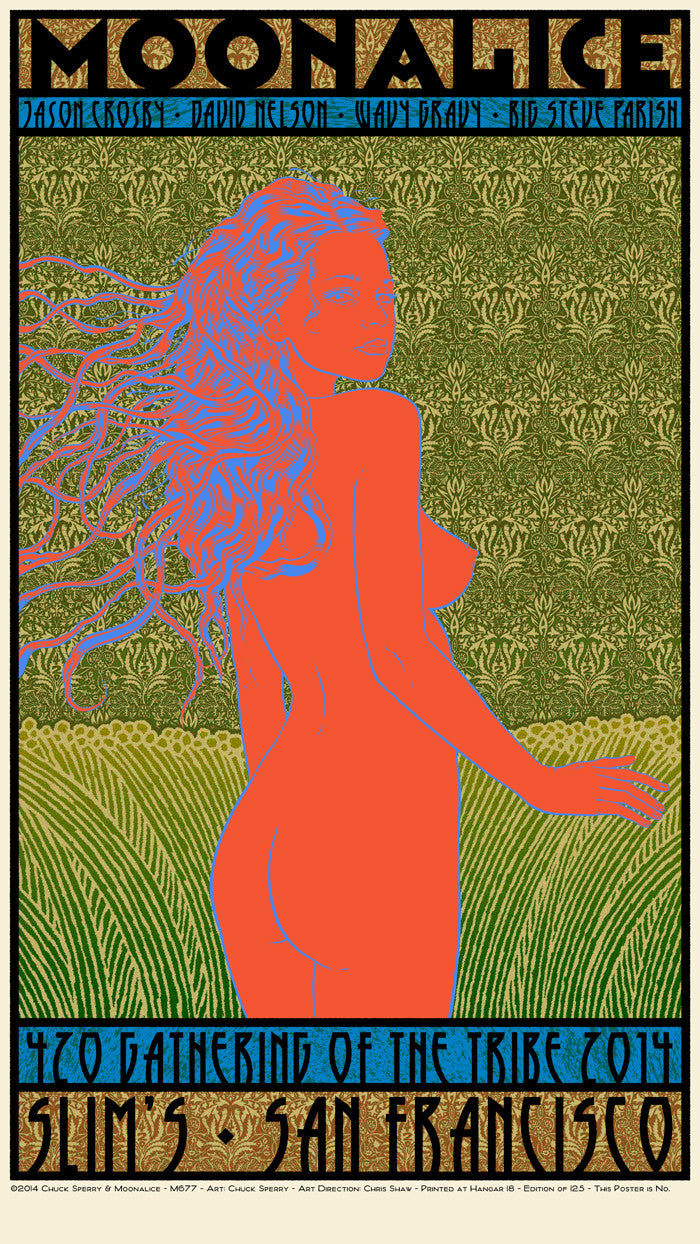 A custom-framed psychedelic poster by Chuck Sperry features a woman with flowing hair among swirling patterns. The vibrant orange, blue, and green tones highlight Moonalice 420 and detail a 2014 San Francisco event.