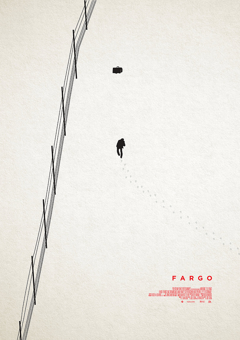 This limited edition giclee fine art by Mainger Germain features a minimalist Fargo scene: a lone figure in winter gear walks from an overturned car with snow-covered ground and a wire fence to the left. Bold red text at the bottom reads Fargo.
