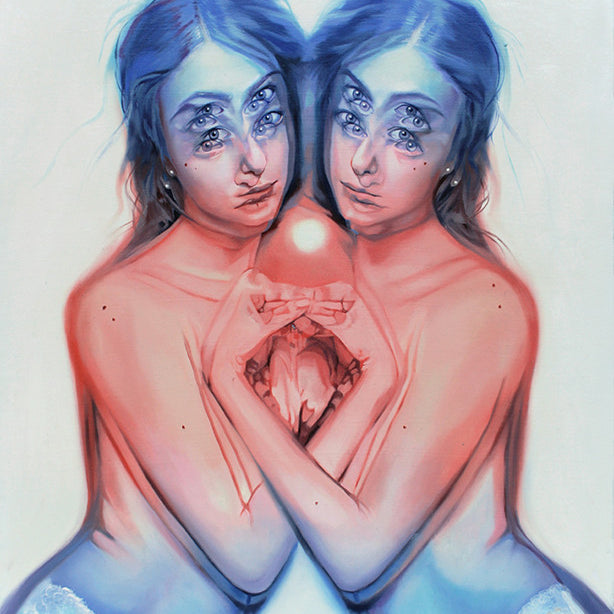 In this oil on canvas by Alex Garant, surreal art depicts mirrored figures with multiple eyes holding a glowing orb, blending bluish and pinkish hues to evoke an ethereal, dreamlike atmosphere reminiscent of a make-believe world.