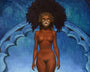 Mandy Tsungs oil and acrylic painting features a nude figure with an intricate dark feathered headdress. A mask, akin to those in Eyes Wide Shut, adds to the mystical feel against an arched blue backdrop.