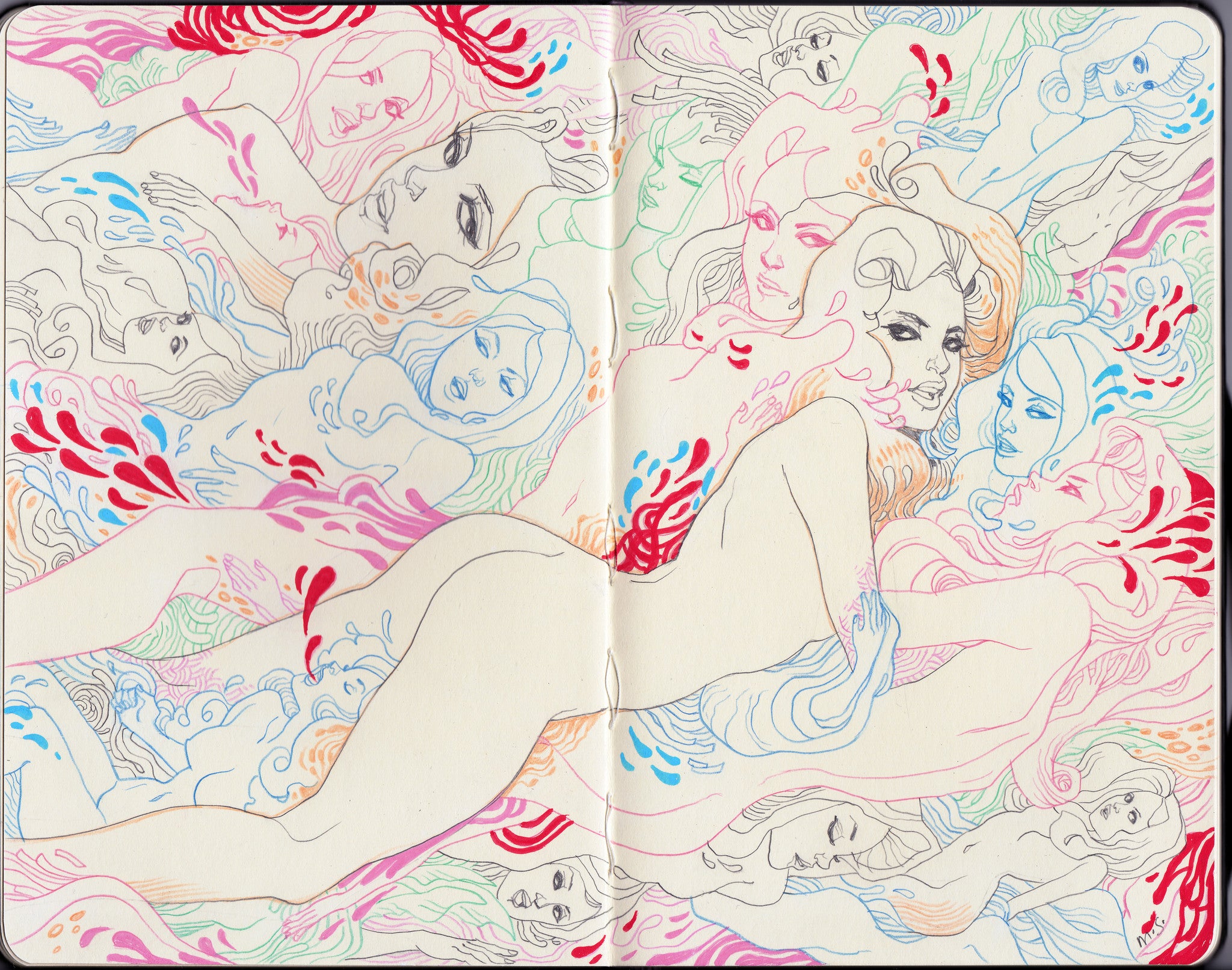 Marguerite Sauvages abstract Gouache on Moleskine features overlapping, intertwined figures with flowing lines. Faces and bodies form a whimsical, dream-like pattern across two pages, emphasizing movement and fluidity.