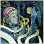 A surreal Serge Gay Jr. image depicts an astronaut with pink hair and a transparent helmet holding a textured sphere in space. Yellow ribbons ripple around, echoing David Bowies cosmic tunes, while ethereal figures and abstract faces merge into the Martian backdrop.
