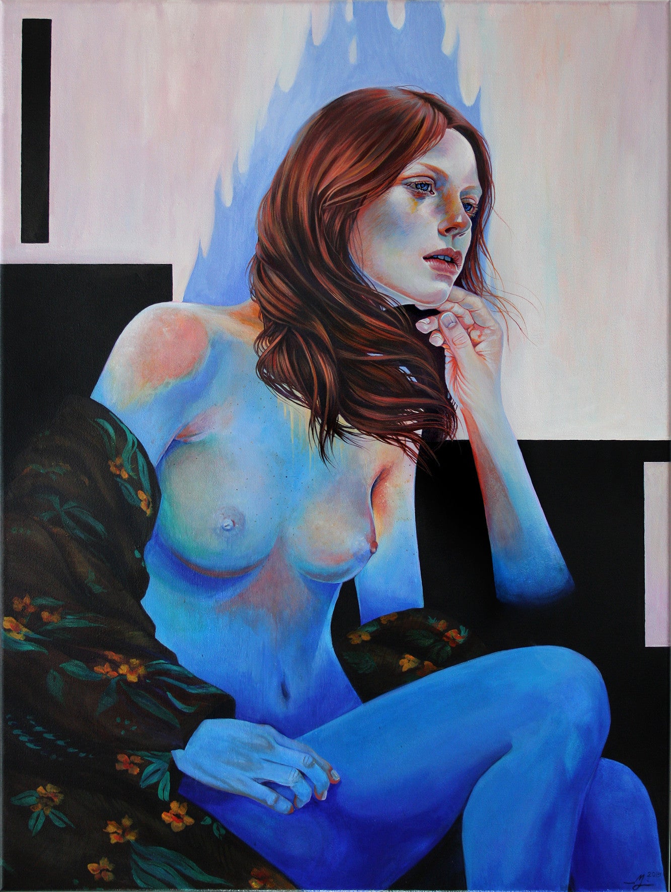 A Martine Johanna-inspired acrylic painting features a red-haired woman in blue hues, sitting pensively. She is partially covered by a floral-patterned black cloth against an abstract backdrop with black squares and blue tones on a 3D canvas.