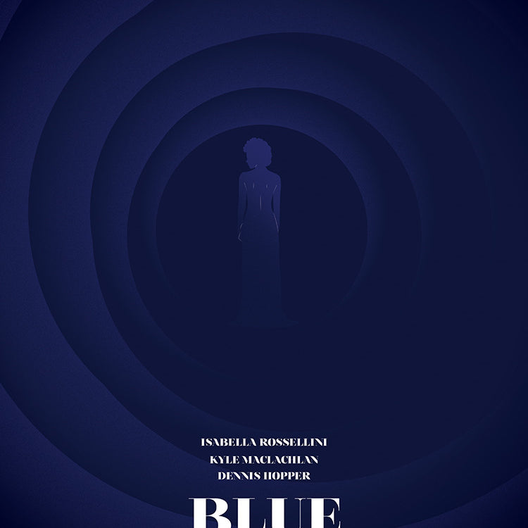 The fine art giclee poster for Blue Velvet features a dark blue design with a central silhouette encircled by concentric circles. It declares A David Lynch Film at the top and credits stars, notably Matt Weller, at the bottom.