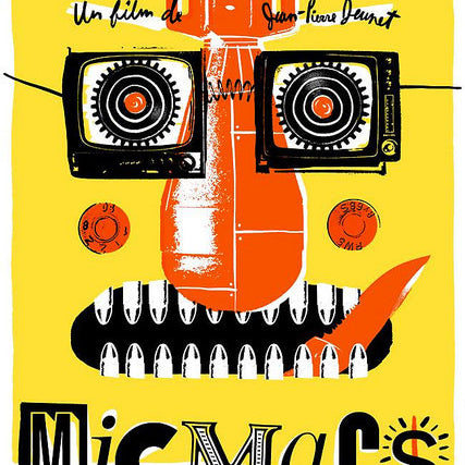 Matt Chases yellow Micmacs à tire-larigot poster features a 3-color screen print collage of mechanical and abstract elements forming a face, with stylized title and director credits, enhancing its bold, colorful limited edition design.