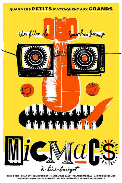 Matt Chases yellow Micmacs à tire-larigot poster features a 3-color screen print collage of mechanical and abstract elements forming a face, with stylized title and director credits, enhancing its bold, colorful limited edition design.