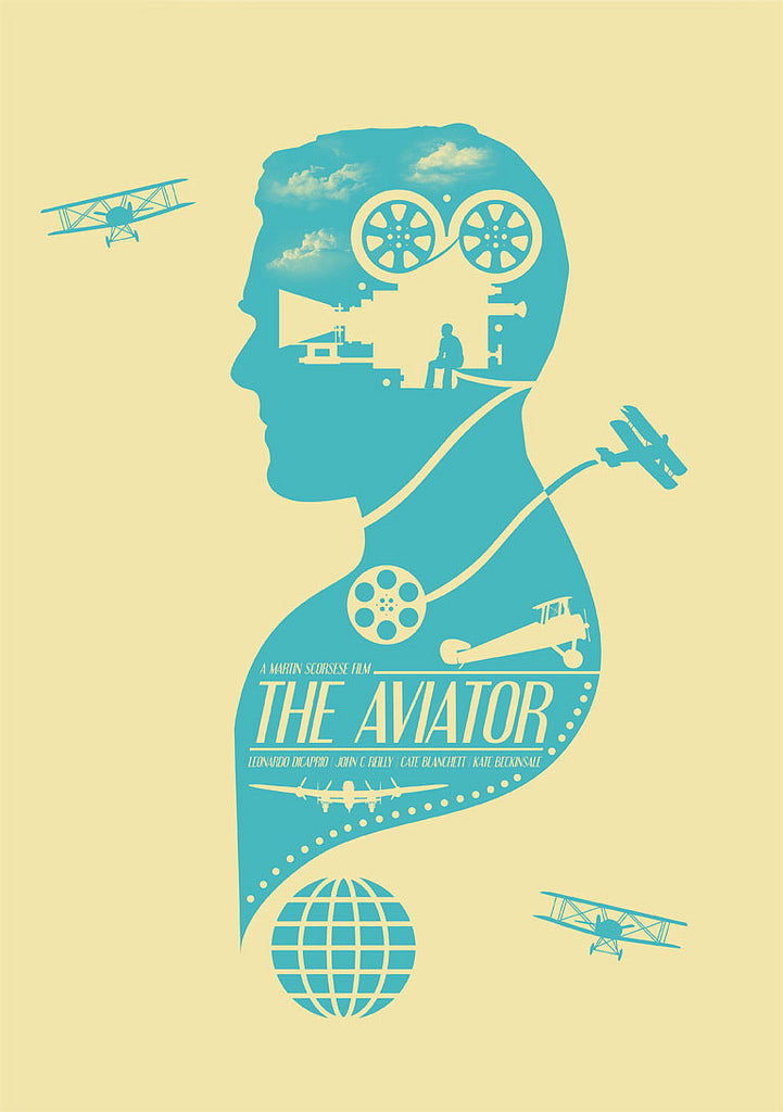 Designed by Matt Needle, the limited edition screen print features a mans silhouette filled with film reels, an airplane, and a directors chair. The Aviator and cast names are included on a pale yellow background with clouds and a globe.