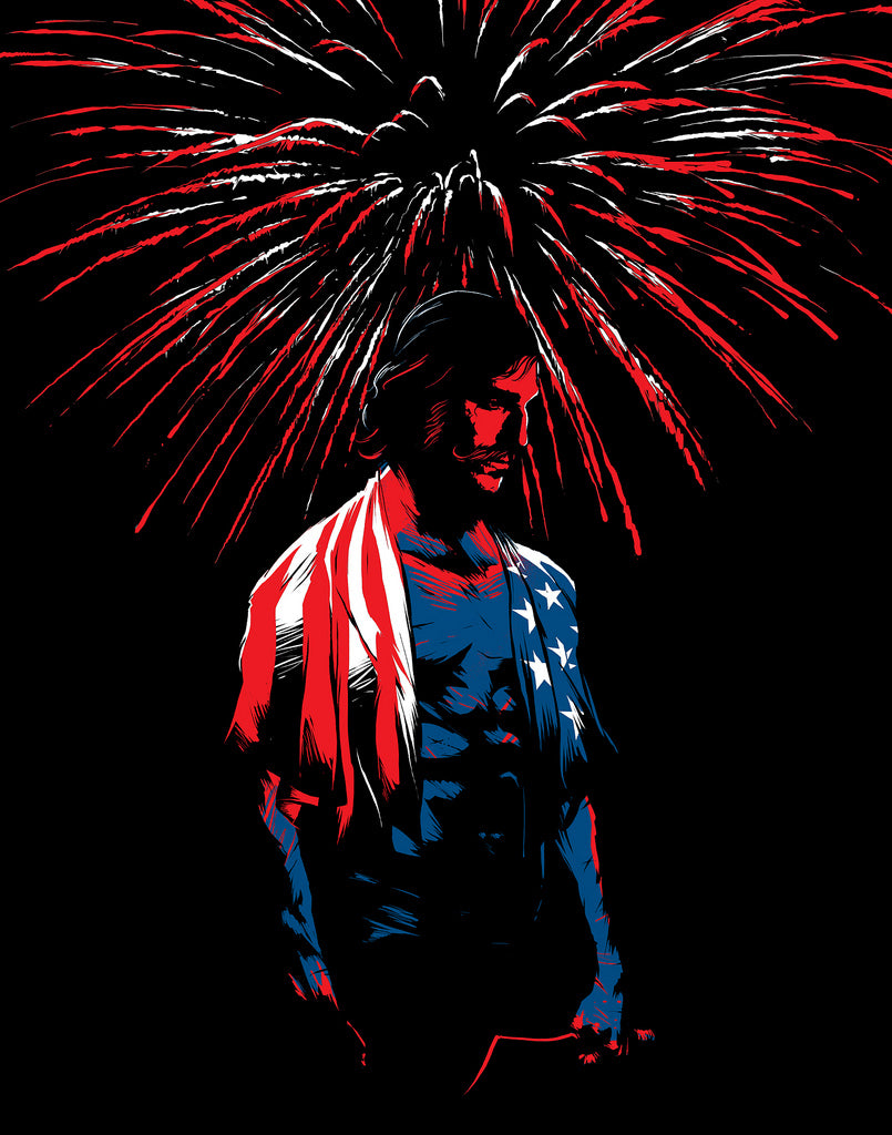 This limited edition Matt Taylor screen print features a man wrapped in an American flag against a dark backdrop, with fireworks in red, white, and blue bursting above, showcasing a patriotic theme with vibrant, bold lines.