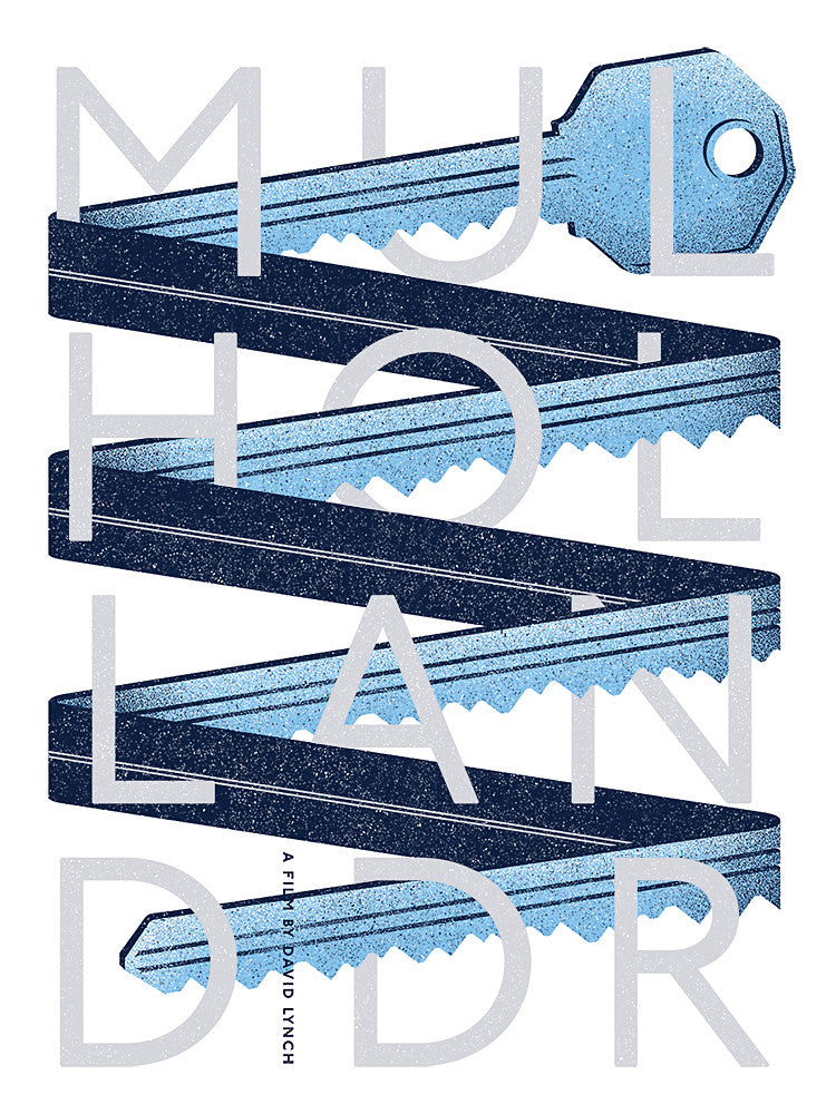 Matt Chases illustrated movie poster features a zigzag film strip design with a key at the top. MULHOLLAND DR is boldly spelled vertically, making this screen print artwork perfect for collectors. Custom framing enhances its cinematic allure.