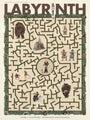 Max Daltons fine art giclee print showcases an illustrated maze poster with characters, featuring a girl standing on Labyrinth below architectural details inspired by the Castro Theatre. The intricate design is edged with foliage and creatures.