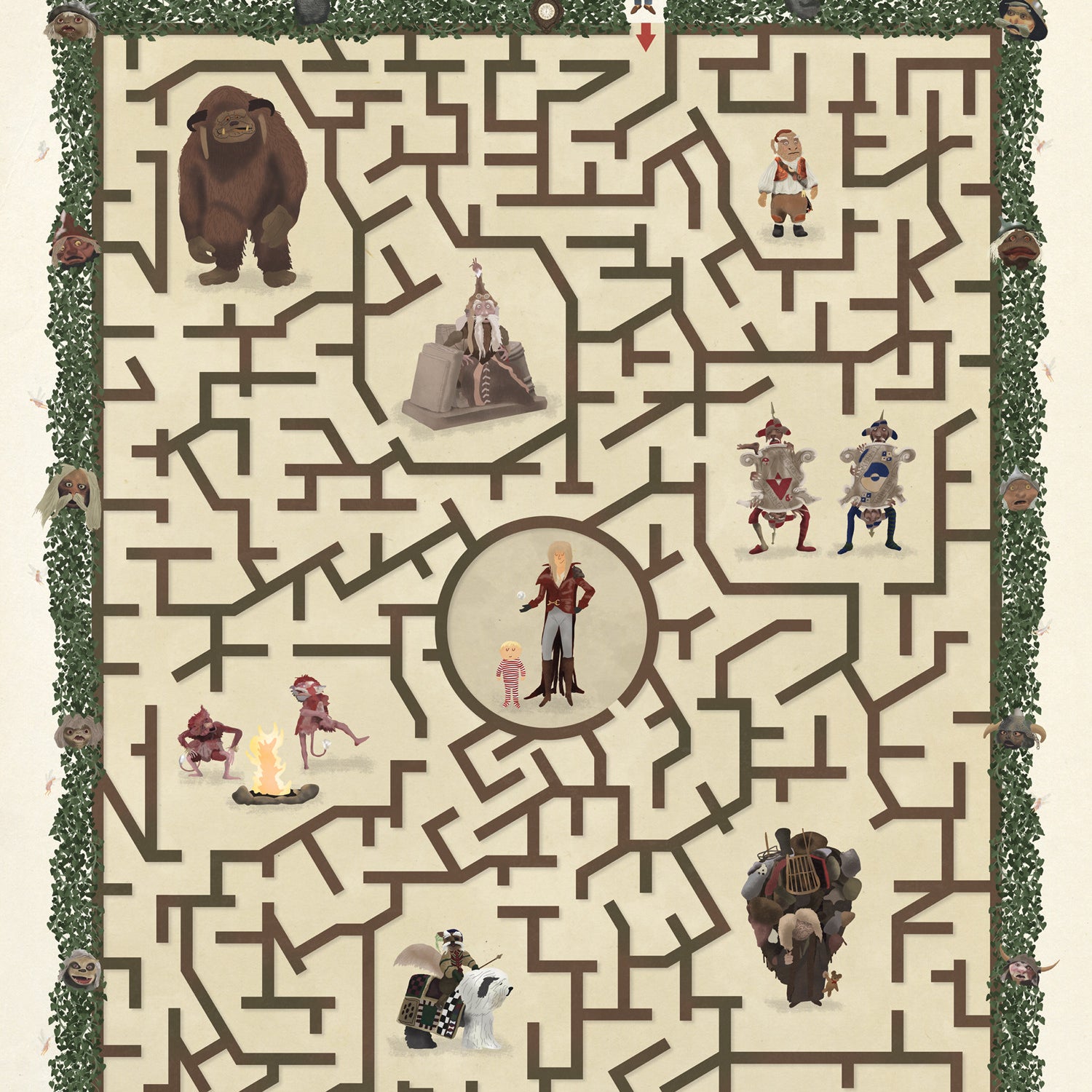 Max Daltons fine art giclee print showcases an illustrated maze poster with characters, featuring a girl standing on Labyrinth below architectural details inspired by the Castro Theatre. The intricate design is edged with foliage and creatures.