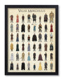 Max Daltons fine art giclee poster, Valar Morghulis, features intricately costumed characters from a fantasy series, each sporting unique accessories, arranged in rows on a cream background, capturing the essence of Lord of the Thrones.