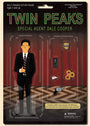 Illustration of a Twin Peaks Action Figure Collection package, showcasing Special Agent Dale Cooper with accessories: coffee mug, donuts, 45 S&W gun, tape recorder, and notepad with a hint. Features Twin Peaks text and age warnings in Max Daltons fine art giclee style.