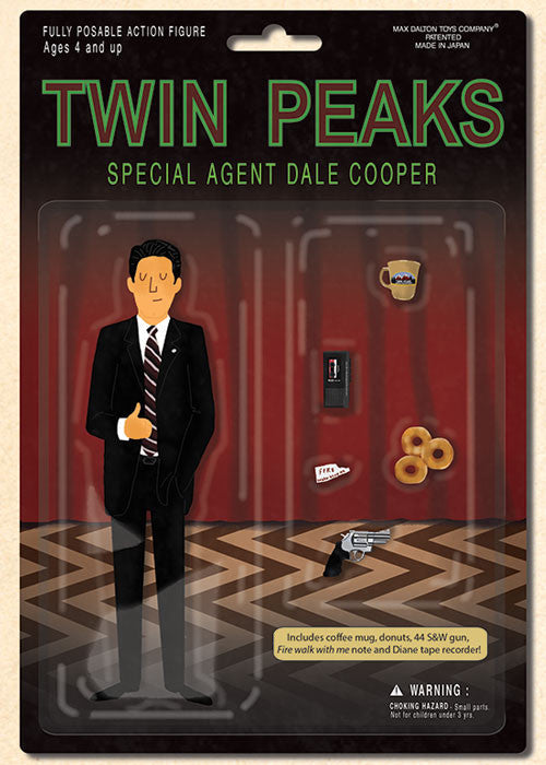 Illustration of a Twin Peaks Action Figure Collection package, showcasing Special Agent Dale Cooper with accessories: coffee mug, donuts, 45 S&W gun, tape recorder, and notepad with a hint. Features Twin Peaks text and age warnings in Max Daltons fine art giclee style.