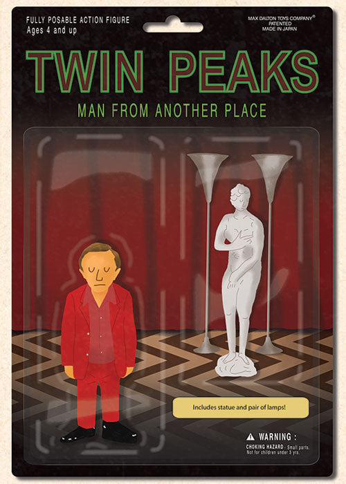 This Man From Another Place figure, illustrated by Max Dalton for the Twin Peaks Action Figure Collection, includes a cartoon figure in a red suit, a white statue, and two silver lamps on a geometric floor. Warning: contains small parts.