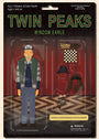 This Max Dalton-designed figure from the Twin Peaks Action Figure Collection features a character in a blue cap, green vest, and plaid shirt with accessories like disguises and a chessboard. The package includes warning text and highlights Made in Japan for authenticity.