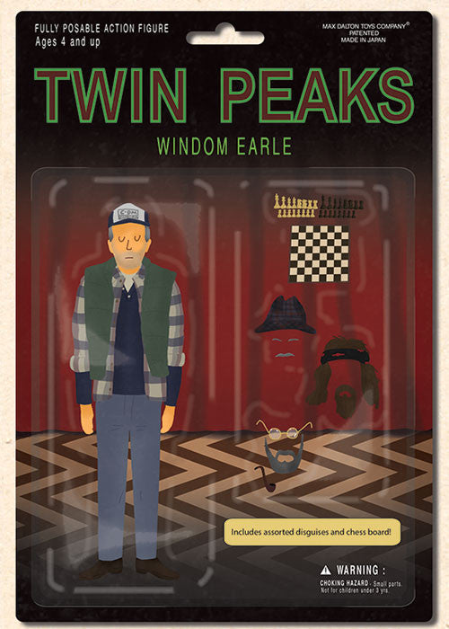 This Max Dalton-designed figure from the Twin Peaks Action Figure Collection features a character in a blue cap, green vest, and plaid shirt with accessories like disguises and a chessboard. The package includes warning text and highlights Made in Japan for authenticity.