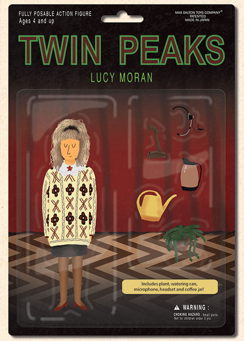 This Lucy Moran figure from the Twin Peaks Action Figure Collection by Max Dalton includes a posable figure in a patterned sweater with a plant, watering can, microphone, headset, and coffee jar. A must-have for fans aged 4 and up.