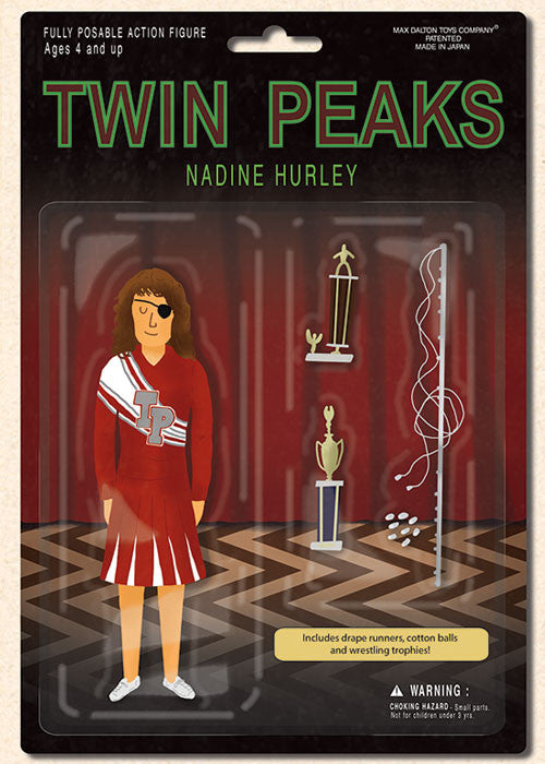 An illustration from the Twin Peaks Action Figure Collection features Nadine Hurley in a red cheerleader outfit with two trophies, cotton balls, and drape runners. The dark background highlights Max Daltons unique style in this fine art giclee.