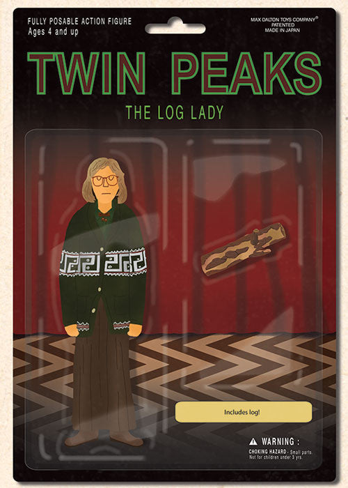 An illustration of a Twin Peaks action figure from the Max Dalton collection depicts The Log Lady in a green-patterned sweater, featuring a log accessory. The packaging displays a zigzag background and reads, Includes log!.