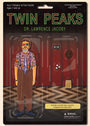 Max Daltons art giclee features a fully poseable Dr. Lawrence Jacoby from the Twin Peaks Action Figure Collection, highlighting his vibrant outfit, glasses, and accessories like a cassette tape, coconut, notepad, and magic balls on a zigzag pattern background.