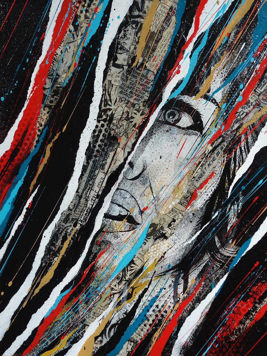Meggs presents abstract artwork Only in Dreams, showcasing a face partly hidden by vibrant brushstrokes of black, red, blue, and tan. The background mimics newspaper clippings, enhancing the texture and complexity of this mixed media piece.
