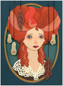 This illustration by Meghan Stratman depicts The Lady Honoria with large wavy red hair, a lacy collar, and floral adornments. She is set against a green oval background framed by a golden border, capturing Stratmans unique paper collage style.