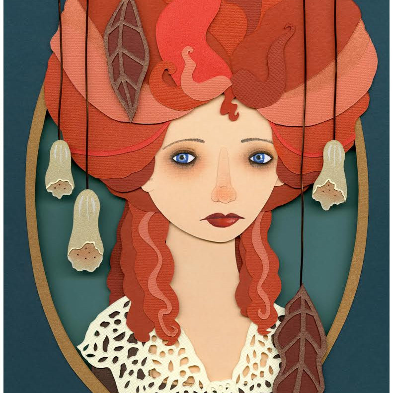This illustration by Meghan Stratman depicts The Lady Honoria with large wavy red hair, a lacy collar, and floral adornments. She is set against a green oval background framed by a golden border, capturing Stratmans unique paper collage style.